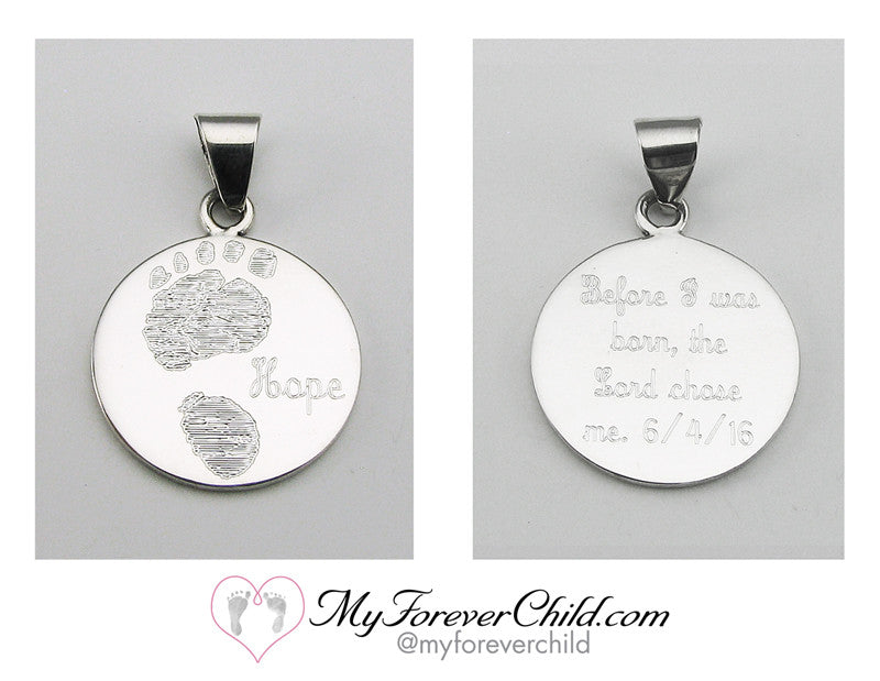 Actual Size 20 week Baby Footprint on XL Round Sterling Silver Pendant