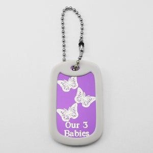 Our 3 Babies- Three Butterflies purple aluminum dog tag pendant memorial bag tag