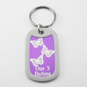 Our 3 Babies- Three Butterflies purple aluminum dog tag pendant memorial keychain