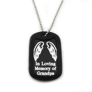 In Loving Memory of Grandpa- Angel Wings black aluminum dog tag pendant memorial necklace