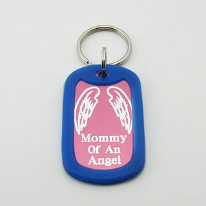 Mommy of an Angel- Angel Wings pink aluminum dog tag pendant with Blue rubber silencer memorial keychain