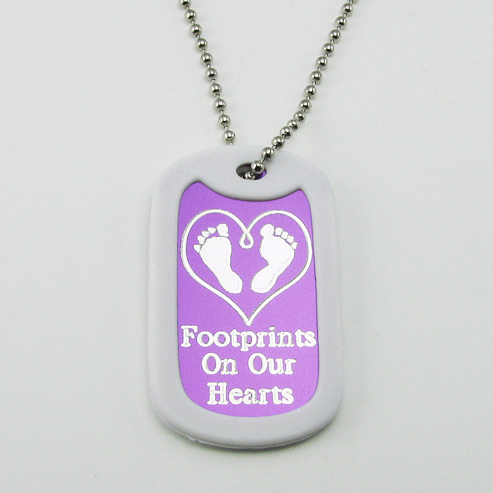 Baby Footprints on our Hearts- purple aluminum dog tag pendant memorial necklace