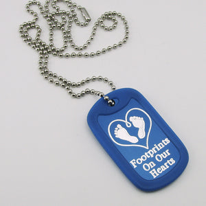 Baby Footprints on our Hearts- blue aluminum dog tag pendant memorial necklace