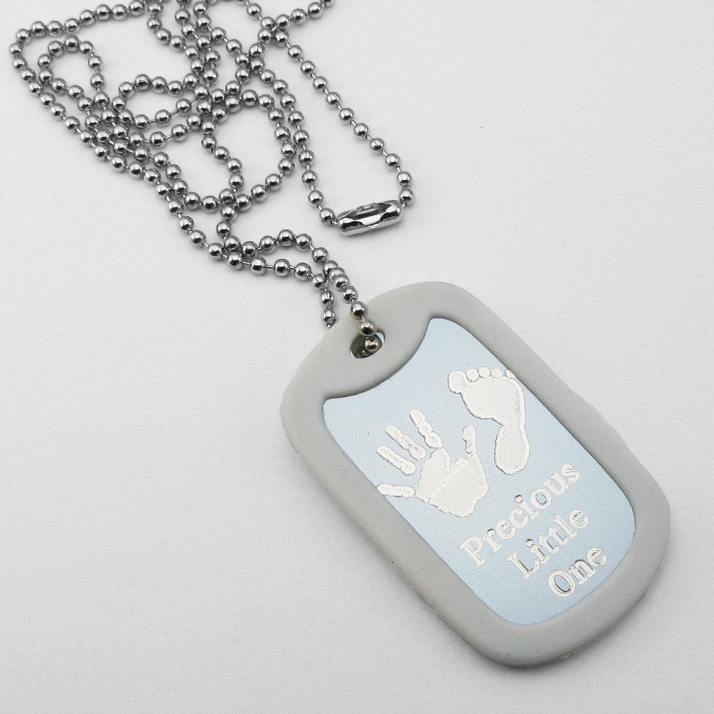 Precious Little One- Baby Footprints silver aluminum dog tag pendant memorial necklace