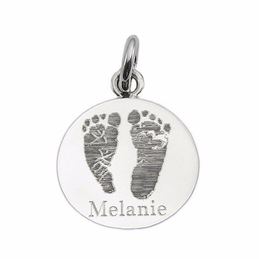 Your baby's, child's, or loved one's actual footprints image custom engraved on a sterling silver large round pendant