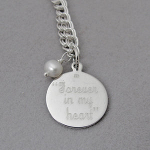 "Forever in my heart" Sterling Silver Personalized Medium Round Charm in Script Font on charm bracelet with white pearl dangle