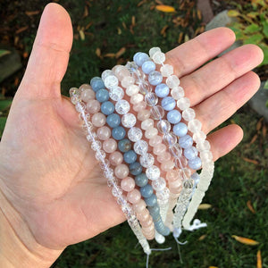 A closer look at the genuine gemstones in our baby loss healing gemstone bracelet: blue lace agate, angelite, rose quartz, clear quartz