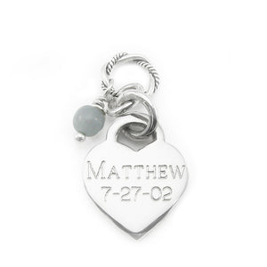 Sterling Silver small heart charm with name and date in Block Font and Boy-Angelite gemstone dangle