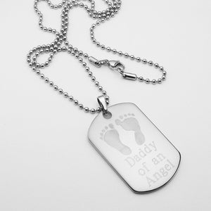 Daddy of an Angel- Baby Footprints stainless steel dog tag memorial pendant with ball chain necklace