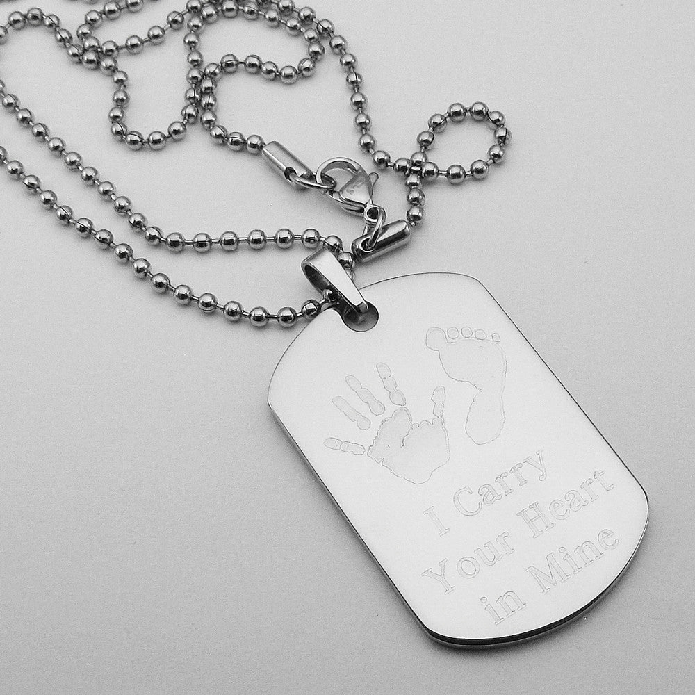 I Carry Your Heart in Mine- Baby Handprint and Footprint stainless steel dog tag memorial pendant