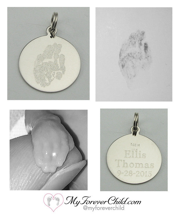 14K White Gold Charm Custom Engraved Actual 17 week Baby Handprint