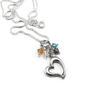 Sterling Silver open heart family necklace with birthstone crystals- perfect for mothers and grandmothers