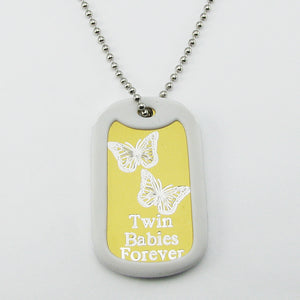 Twin Babies Forever- Two Butterflies yellow aluminum dog tag pendant memorial necklace