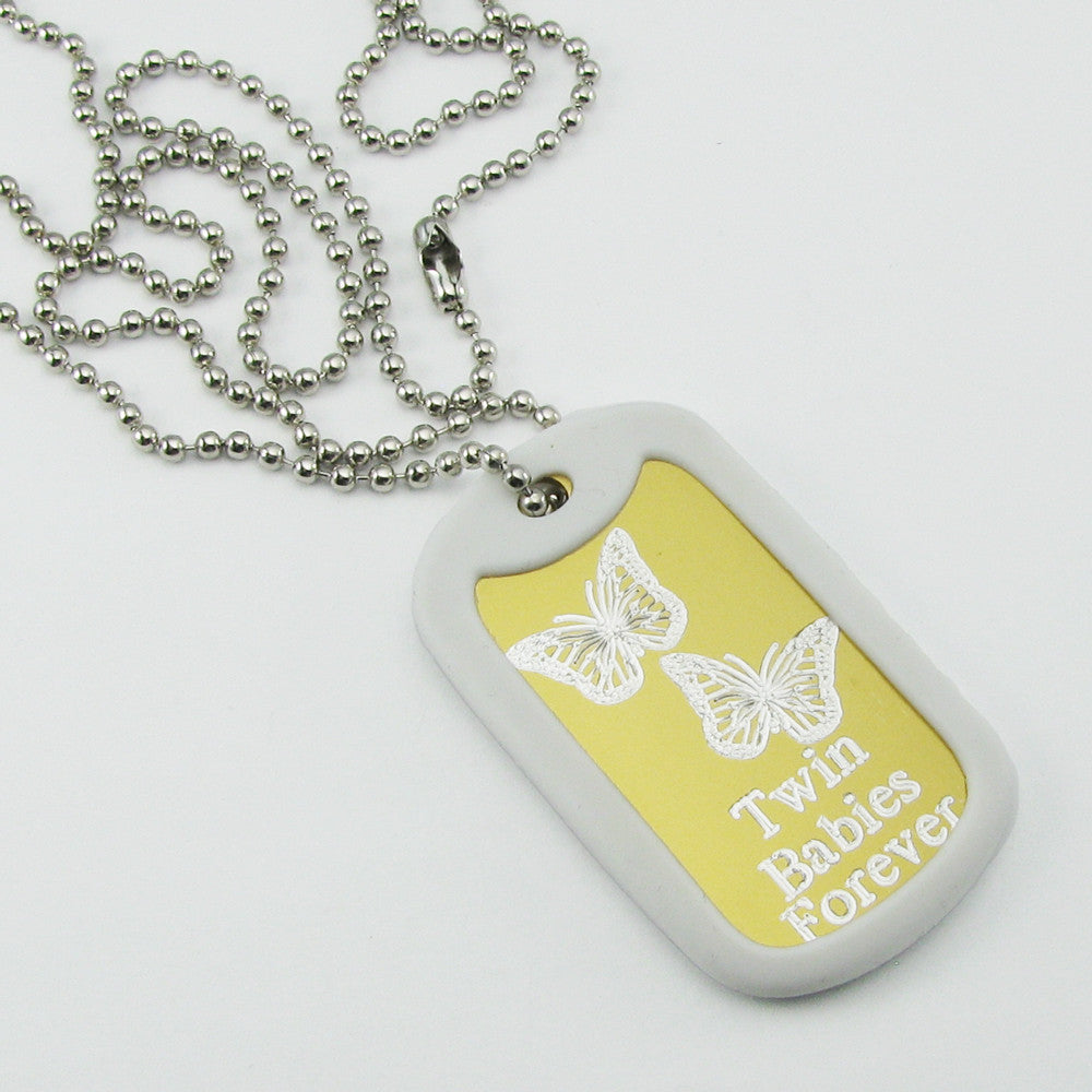 Twin Babies Forever- Two Butterflies yellow aluminum dog tag pendant memorial necklace