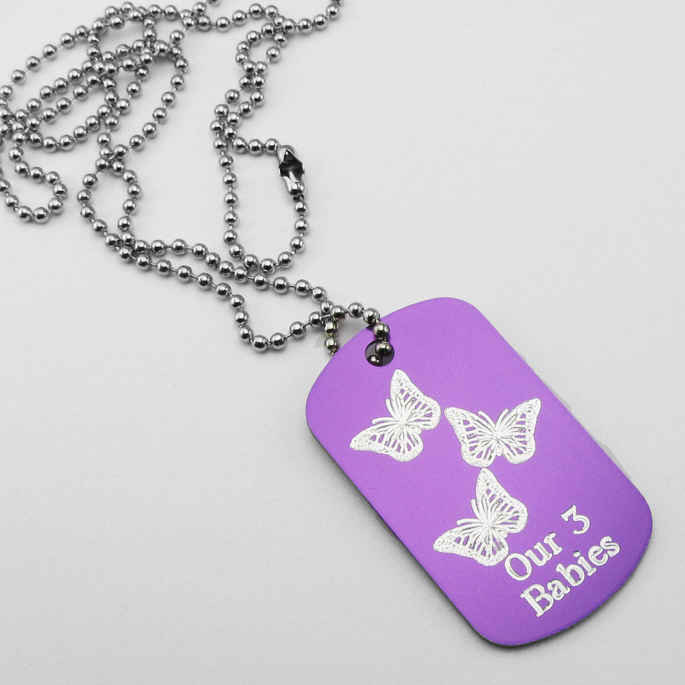 Our 3 Babies- Three Butterflies purple aluminum dog tag pendant memorial necklace