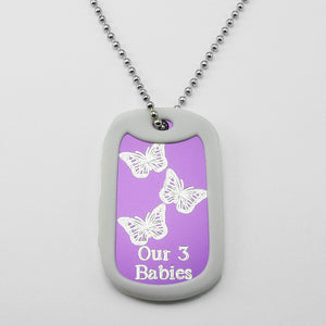 Our 3 Babies- Three Butterflies purple aluminum dog tag pendant memorial necklace