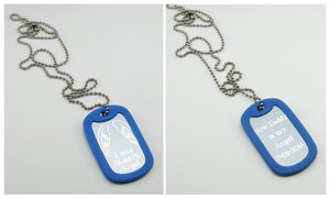 "I was Daddy's Angel...now Daddy is my Angel"- Angel Wings silver aluminum dog tag pendant with blue rubber silencer memorial necklace