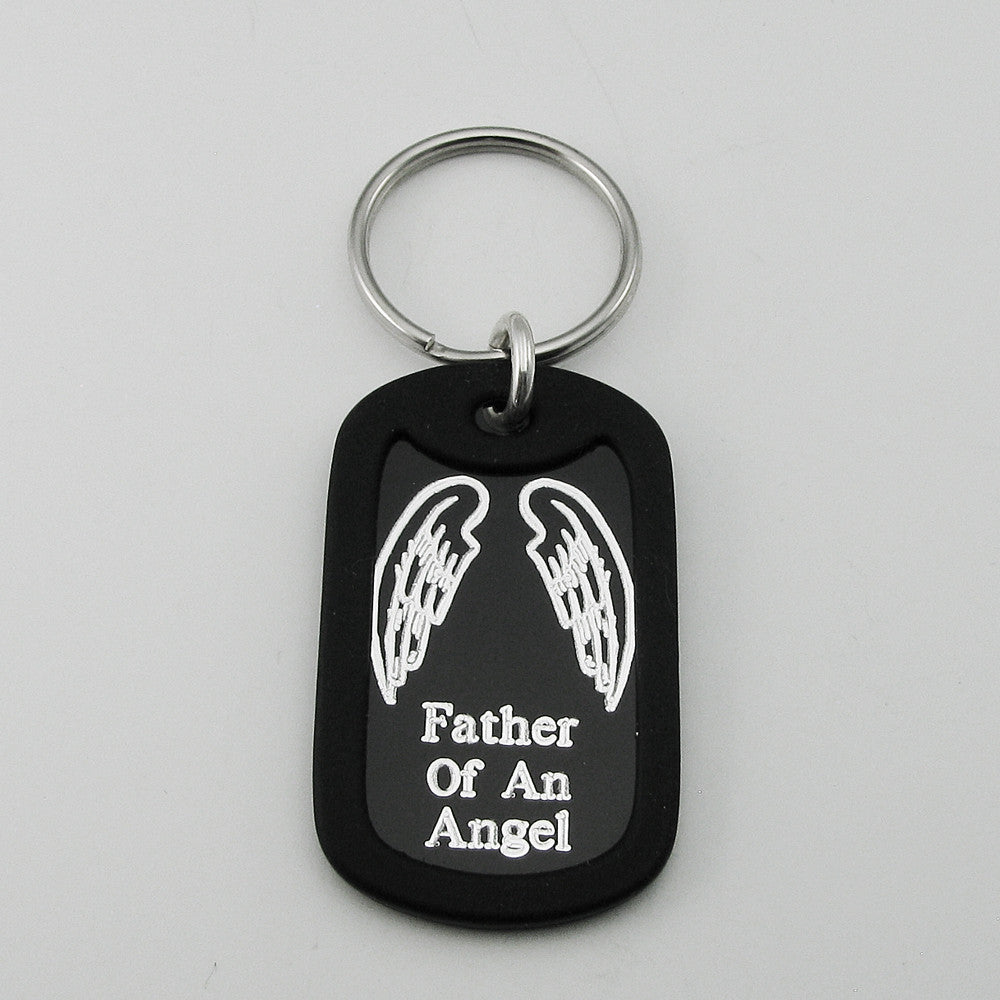 Father of an Angel- Angel Wings black aluminum dog tag pendant memorial keychain