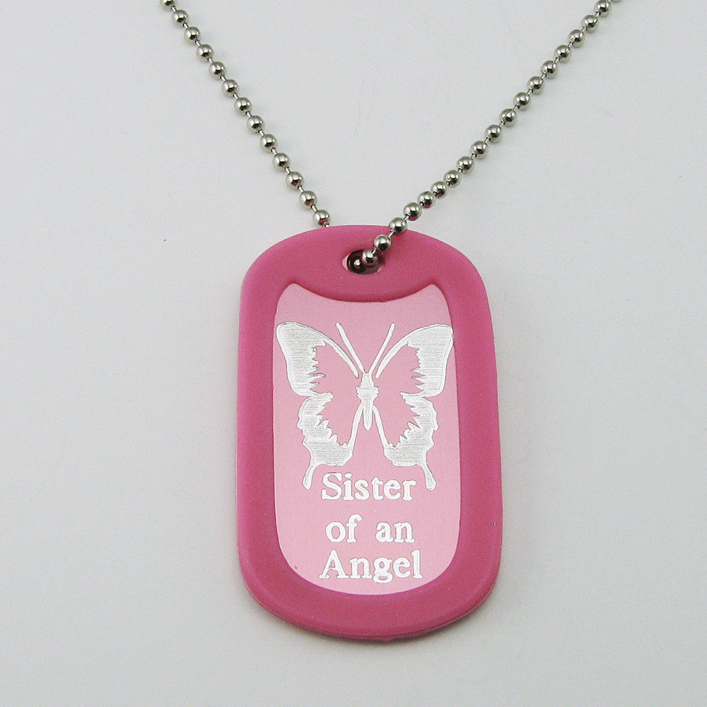 Sister of an Angel- Butterfly pink aluminum dog tag pendant memorial necklace