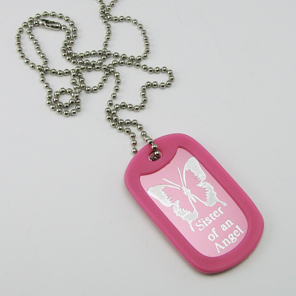 Sister of an Angel- Butterfly pink aluminum dog tag pendant memorial necklace