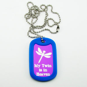 Dragonfly purple aluminum dog tag pendant memorial necklace for loss of one twin