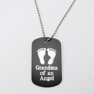 Grandma of an Angel- Baby Footprints black aluminum dog tag pendant memorial necklace