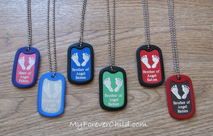 Brother & Sister of Angel Babies- Baby Footprints colored aluminum dog tag pendant memorial necklace