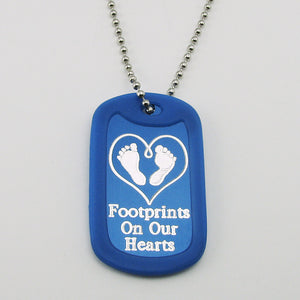 Baby Footprints on our Hearts- blue aluminum dog tag pendant memorial necklace