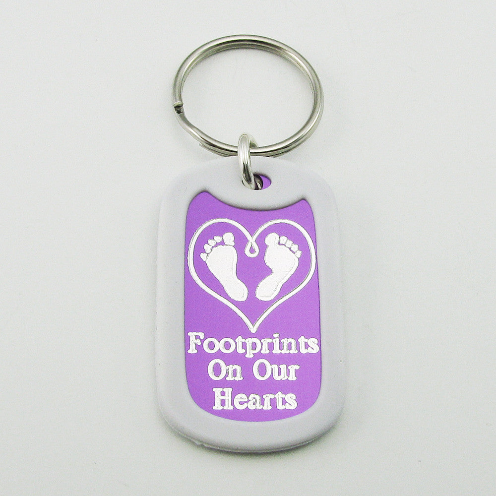 Baby Footprints on our Hearts- purple aluminum dog tag pendant memorial keychain