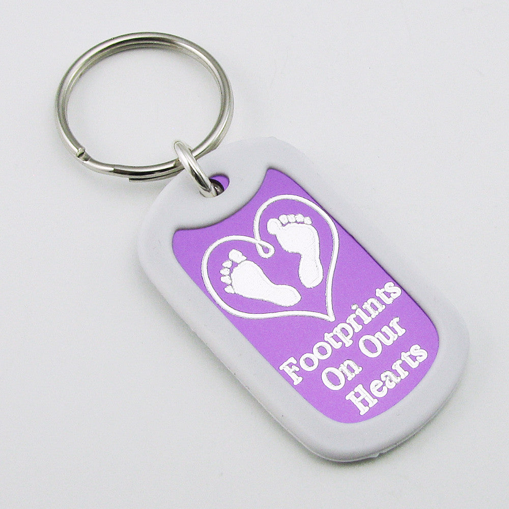 Baby Footprints on our Hearts- purple aluminum dog tag pendant memorial keychain