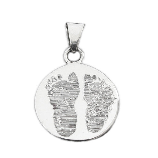 Your baby's, child's, or loved one's actual footprints image custom engraved on a sterling silver extra large round pendant
