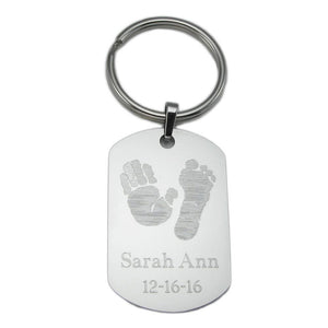 Your baby's, child's, or loved one's actual handprint image custom engraved on a stainless steel dog tag keychain