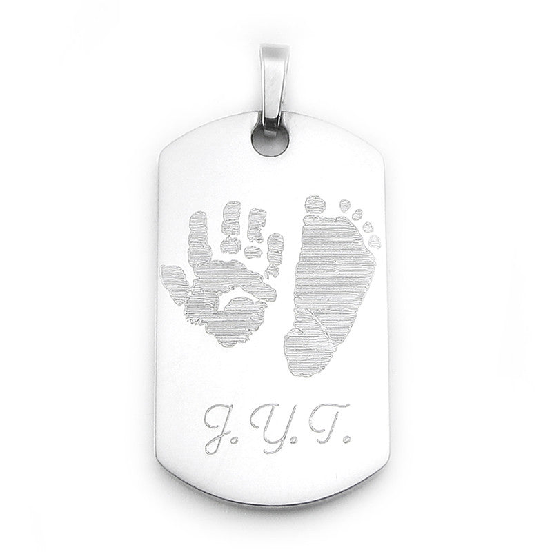 Your baby's, child's, or loved one's actual handprint & footprint image custom engraved on a stainless steel dog tag pendant