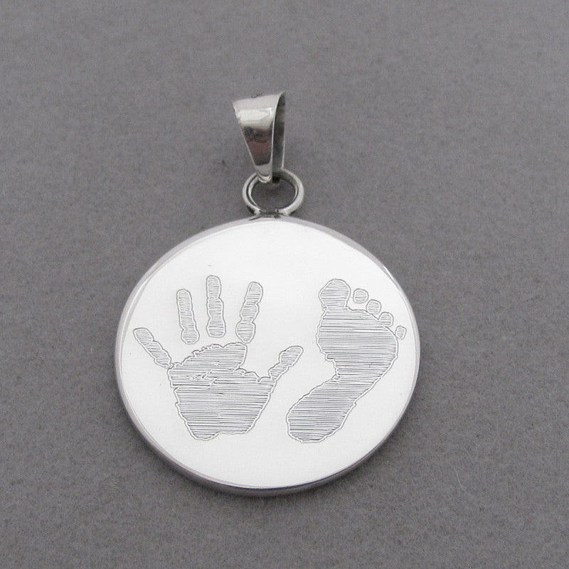 Your baby's, child's, or loved one's actual footprints image custom engraved on a sterling silver extra large round pendant