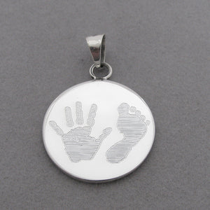 Sterling Silver XL Round Pendant- engraved with our Stock Handprint & Footprint Images