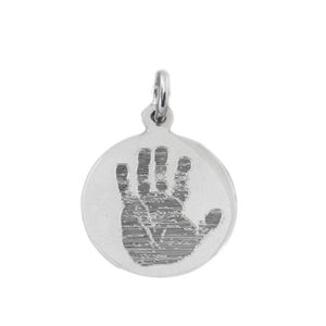 Your baby's, child's, or loved one's actual handprint image custom engraved on a sterling silver medium round charm
