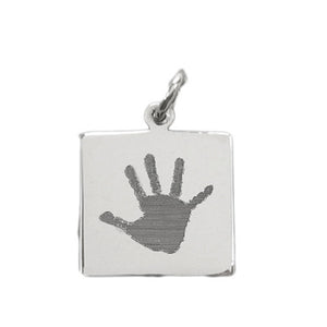 Your baby's, child's, or loved one's actual handprint image custom engraved on a sterling silver small square charm