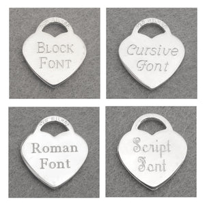 Select one of these fonts for your personalized heart charm: Block, Cursive, Roman, Script
