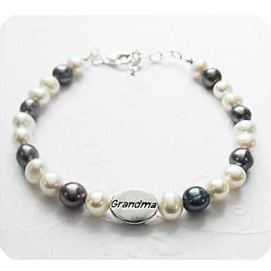 Grandma Memorial Bracelet | White and Grey Freshwater Pearls | Sterling Silver