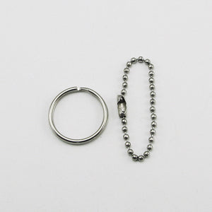 Select either steel round key ring or bead/ball chain attachment
