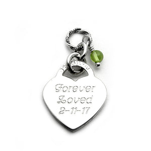 Sterling Silver Personalized Medium Heart Charm with August-Peridot birthstone gem dangle