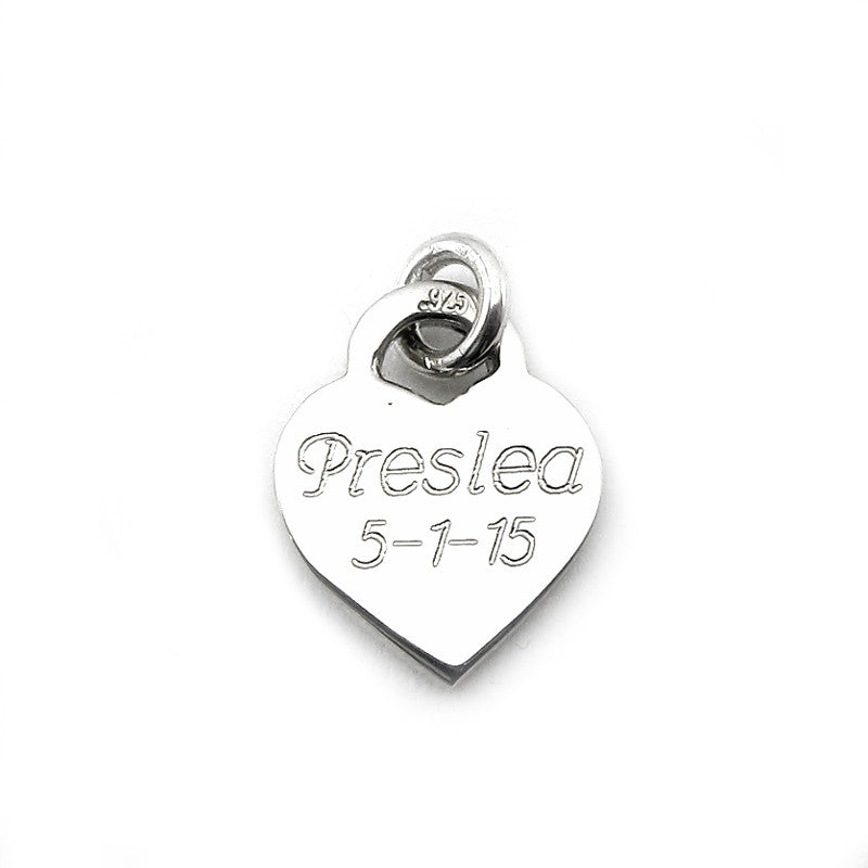 Sterling Silver small heart charm with name and date in Cursive Font