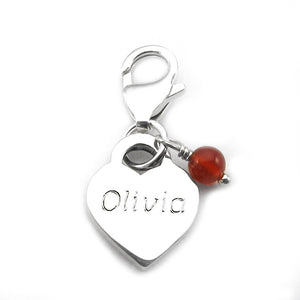 Sterling Silver small heart charm with name in Cursive Font and July-Carnelian gem dangle and lobster claw clasp for attaching onto bracelets