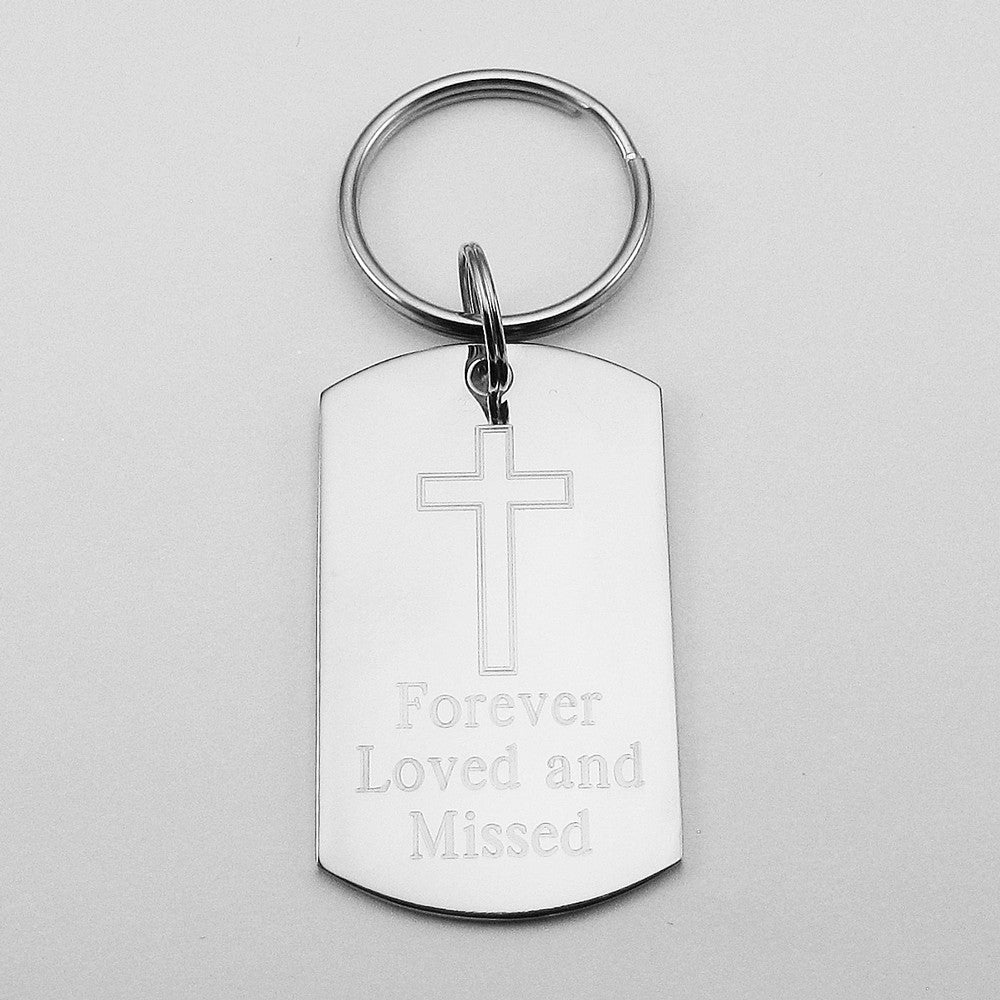 Forever Loved and Missed- Simple Cross Stainless Steel Dog Tag Memorial Keychain
