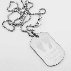 Always & Forever Loved- Baby Footprints stainless steel dog tag memorial pendant with ball chain necklace