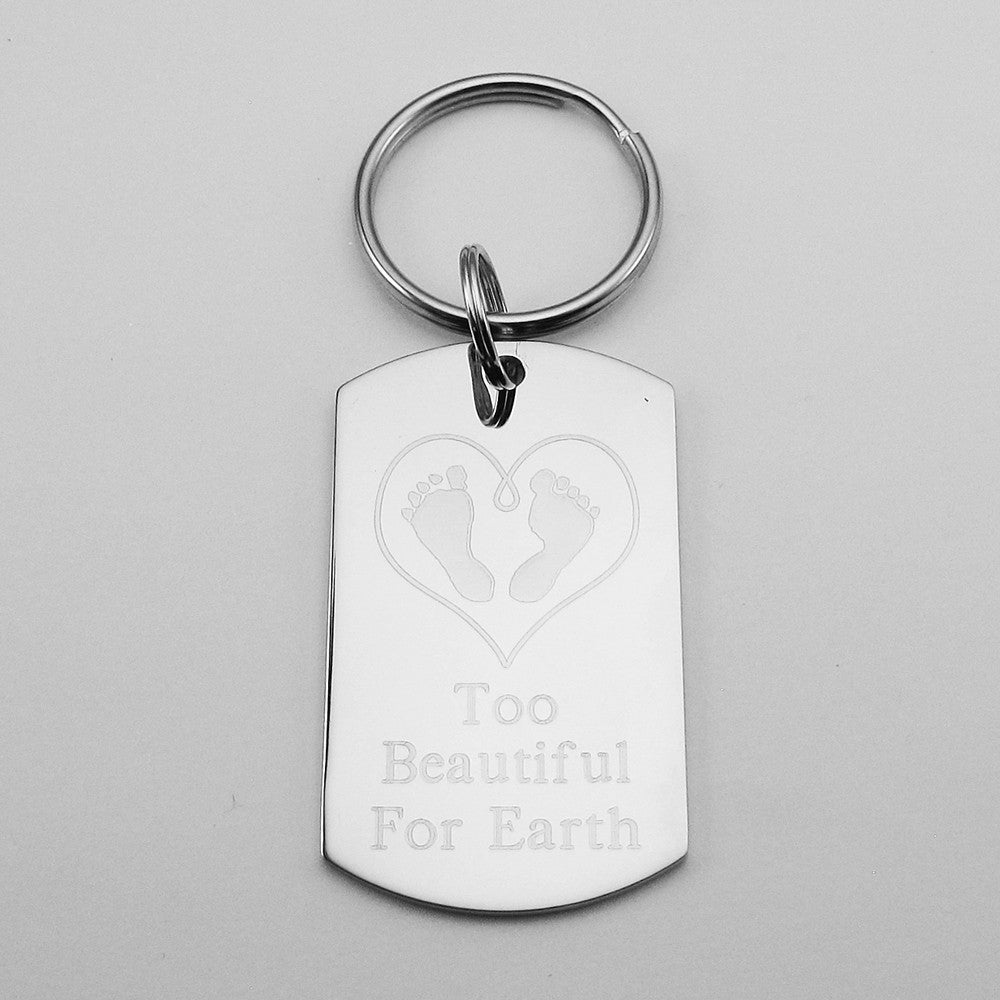 Too Beautiful For Earth- Baby Feet in Heart Stainless Steel Dog Tag Pendant Memorial Keychain